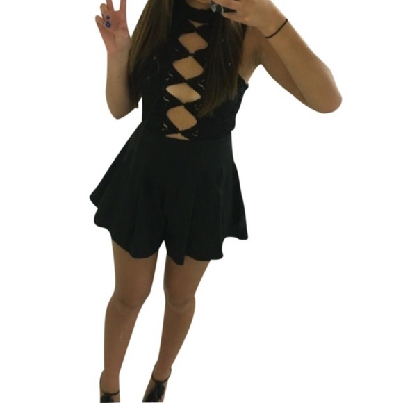 LF Black Lace Crisscross Romper - Picture 1 of 3